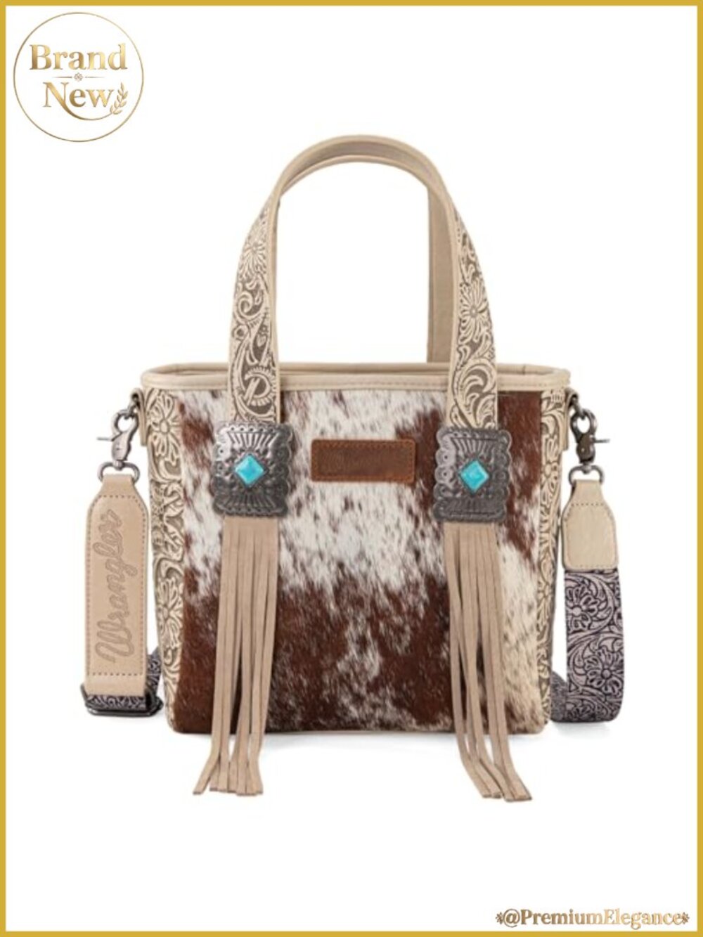Genuine Hair-On Cowhide Western Tote Bag Turquoise Concho Fringing